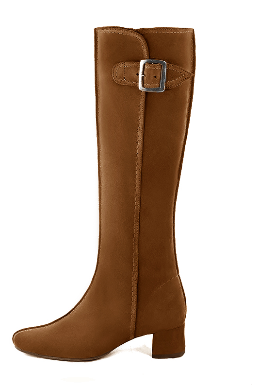 Caramel brown women's knee-high boots with buckles. Round toe. Low flare heels. Made to measure. Profile view - Florence KOOIJMAN